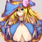  1girl blonde_hair blush_stickers breasts cleavage dark_magician_girl duel_monster green_eyes grey_background hat hetero highres huge_breasts long_hair looking_at_viewer nipples paizuri penis pov puffy_nipples quality shiny smile tsukasawa_takamatsu witch_hat yuu-gi-ou 