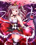  :d aireenhp bandages blush breasts checkered cleavage crown demon_horns drill_hair eyes hair_ribbon heart horns idolmaster idolmaster_cinderella_girls kanzaki_ranko long_hair medium_breasts open_mouth red_eyes ribbon scythe silver_hair smile solo thighhighs twin_drills twintails two_side_up weapon wings 