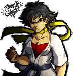  artist_name black_hair breasts brown_eyes choker cleavage clenched_hand dougi frown joe_shimamura makoto_(street_fighter) medium_breasts ribbon_choker short_hair solo sports_bra street_fighter street_fighter_iii_(series) tomboy 