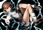  armpit_peek bad_id bad_pixiv_id biribiri breasts brown_eyes brown_hair electricity grin hair_ornament hairclip loose_socks misaka_mikoto outstretched_hand school_uniform short_hair shorts shorts_under_skirt skirt small_breasts smile socks solo sweater_vest to_aru_kagaku_no_railgun to_aru_majutsu_no_index tsuchi_ryuu 