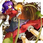  blurry breasts depth_of_field dress hair_ornament large_breasts leaf long_hair mirror purple_hair red_eyes rope shimenawa solo touhou umigarasu_(kitsune1963) yasaka_kanako 