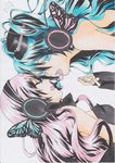  absurdres aqua_hair bad_id bad_pixiv_id blue_eyes butterfly_wings closed_eyes colored_eyelashes hat hatsune_miku headphones highres hinamiya_(60hinamiya01) holding_hands long_hair magnet_(vocaloid) marker_(medium) megurine_luka multiple_girls pink_hair traditional_media vocaloid wings 