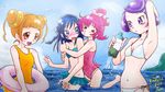  &gt;_&lt; :3 aida_mana bikini blue_eyes blue_hair bottle casual_one-piece_swimsuit closed_eyes dokidoki!_precure flipped_hair half_updo highres hishikawa_rikka innertube kenzaki_makoto long_hair multiple_girls ocean one-piece_swimsuit orange_eyes orange_hair pink_hair pink_swimsuit precure purple_eyes purple_hair ruriruri short_hair swimsuit water x3 yotsuba_alice 