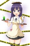  :d apron balancing_on_head black_legwear blush cerasus copyright_name curry dual_wielding food halftone halftone_background highres hime_cut holding ice_cream long_hair object_on_head open_mouth purple_eyes purple_hair skirt smile solo sundae thighhighs tray triple_wielding working!! yamada_aoi 