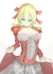  ahoge bad_id bad_pixiv_id blonde_hair breasts cleavage dress epaulettes fate/extra fate_(series) green_eyes hair_ribbon large_breasts nero_claudius_(fate) nero_claudius_(fate)_(all) ribbon sai_(artist) skirt_hold solo 