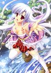  :d absurdres blush breasts cherry_blossoms cleavage copyright_request day grey_hair heart highres huge_filesize japanese_clothes katana kimono large_breasts leg_up legs looking_at_viewer misakura_nankotsu open_mouth outdoors pond red_eyes rock smile solo splashing standing sword tareme thighhighs water weapon white_legwear 