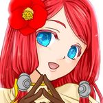  blazblue blue_eyes camellia flower gloves haiero hair_flower hair_ornament hair_tubes long_hair lowres object_namesake parted_lips red_hair smile solo tsubaki_yayoi uniform 