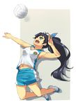  aqua_eyes aqua_shorts armpits bad_id bad_pixiv_id ball bare_arms bare_legs bare_shoulders biceps black_hair collarbone cross-laced_footwear fang full_body ganaha_hibiki gym_shirt gym_shorts highres hitting idolmaster idolmaster_(classic) jumping long_hair navel nishimuku_meri no_socks open_mouth ponytail shirt shoes short_shorts shorts sleeveless sleeveless_shirt sneakers solo very_long_hair volleyball white_footwear white_shirt 