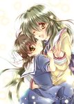  brown_eyes brown_hair child clannad dress green_hair hikarizaka_private_high_school_uniform ibuki_fuuko izumi_asuka_(aska54) long_hair multiple_girls okazaki_ushio one_eye_closed pantyhose sailor_dress school_uniform short_hair time_paradox v 