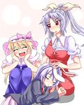  :d animal_ears blazer blonde_hair blush breasts bunny_ears hair_ribbon hat jacket lap_pillow long_hair medium_breasts multiple_girls necktie open_mouth pleated_skirt ponytail purple_hair rakku_(10219563) reisen_udongein_inaba ribbon siblings sisters skirt smile touhou watatsuki_no_toyohime watatsuki_no_yorihime 