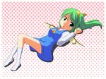  cato_(monocatienus) daiyousei dress fairy_wings green_eyes green_hair halftone halftone_background long_sleeves looking_at_viewer lying on_back open_mouth side_ponytail socks solo touhou white_legwear wings 