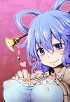  blue_eyes blue_hair blush breasts cleavage commentary_request dra dress hair_ornament hair_rings hair_stick hand_on_breast heart kaku_seiga large_breasts short_hair smile solo touhou upper_body vest 