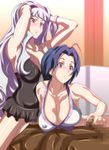  1boy 2girls adjusting_hair armpits arms_up bare_shoulders blue_hair blush breasts cahlacahla censored cleavage girl_on_top hairband handjob highres hips idolmaster large_breasts long_hair looking_down lying miura_azusa multiple_girls nude penis pink_eyes purple_hair shijou_takane short_hair sitting sitting_on_person smile threesome 