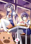  blue_eyes botan_(clannad) card clannad desk fujibayashi_kyou fujibayashi_ryou highres hikarizaka_private_high_school_uniform long_hair multiple_girls playing_card playing_games purple_eyes purple_hair school_desk school_uniform siblings sisters thighhighs twins wild_boar yoshikita_popuri 