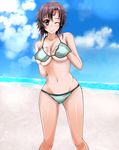  beach bikini breasts brown_eyes brown_hair covering covering_breasts day highres masaki_nonoka one_eye_closed photokano short_hair smile solo swimsuit tranquilizer_(bestcenter) 