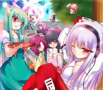  ;p animal_ears arrow bare_shoulders black_hair blazer blush bottle bow bow_(weapon) braid breasts brown_hair bunny_ears cleavage closed_eyes dress ex-keine flower fujiwara_no_mokou full_moon green_hair hair_bow hair_flower hair_ornament hair_ribbon hat headphones hieda_no_akyuu horn_ribbon horns houraisan_kaguya inaba_tewi jacket japanese_clothes kamishirasawa_keine kazami_yuuka kimono long_hair medium_breasts moon multiple_girls one_eye_closed open_mouth pants plaid plaid_skirt plaid_vest pointing purple_hair red_eyes reisen_udongein_inaba ribbon short_hair silver_hair skirt skirt_set smile sweatdrop tears teec tongue tongue_out touhou tray tripping umbrella very_long_hair vest weapon yagokoro_eirin 