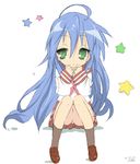  bad_id bad_pixiv_id blue_hair core_(mayomayo) green_eyes izumi_konata long_hair lucky_star mole mole_under_eye panties pantyshot pantyshot_(sitting) pink_neckwear pleated_skirt ryouou_school_uniform school_uniform serafuku sitting skirt socks underwear white_panties 