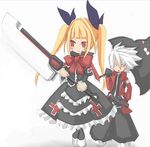  1girl :&gt; :&lt; blazblue blonde_hair boots bow dress frills gloves gothic_lolita hair_ribbon hakama heel-less_platform_footwear japanese_clothes lolita_fashion long_hair lowres nago platform_footwear rachel_alucard ragna_the_bloodedge red_eyes ribbon shoes smile sword triangle_mouth twintails umbrella weapon white_eyes 