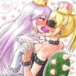  2girls apotea bangs bare_shoulders black_dress blindfold blonde_hair blush boo bowsette bracelet breast_press closed_mouth collar collarbone covering_face crown dress drooling ear_blush earrings eyes_closed female flying_sweatdrops french_kiss half-closed_eyes hand_holding hand_up heart heart-shaped_pupils horns jewelry kiss long_hair looking_at_another mario_(series) multiple_girls new_super_mario_bros._u_deluxe nintendo nose_blush open_mouth pink_eyes princess_king_boo purple_hair saliva sharp_teeth shiny shiny_hair shiny_skin short_sleeves simple_background spiked_bracelet spiked_collar spikes strapless strapless_dress super_crown sweat symbol-shaped_pupils symmetrical_docking teeth tied_hair tongue tongue_out upper_body white_background white_dress yuri 