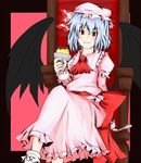  bat_wings blue_hair chair crossed_legs dress fang food hat kuroneko_(kuroi-neko) pudding red_eyes remilia_scarlet ribbon short_hair sitting smile solo spoon throne touhou wings 