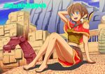  amy_(suisei_no_gargantia) animal bare_shoulders barefoot blue_eyes braid brown_hair copyright_name fringe_trim grace_(suisei_no_gargantia) highres open_mouth short_hair sitting skirt solo suisei_no_gargantia 