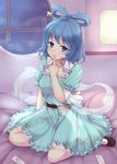  bed blue_eyes blue_hair blush breasts dress finger_to_mouth flower hair_ornament hair_rings hair_stick kaku_seiga kneeling medium_breasts ofuda on_bed shawl short_hair smile solo touhou vest yosshii_(ropichan2) 