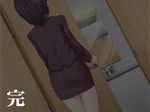  bathroom black_hair copyright_request door dutch_angle formal from_behind geppuntei_dappun highres indoors jacket long_sleeves pencil_skirt short_hair sink skirt skirt_suit solo standing suit teacher text_focus walk-in 