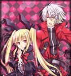  1girl blazblue blonde_hair bow checkered checkered_background dress flower gloves gothic_lolita green_eyes hair_ribbon heterochromia hinano jacket lolita_fashion long_hair open_mouth rachel_alucard ragna_the_bloodedge red_background red_bow red_eyes ribbon rose silver_hair smile sweatdrop twintails 