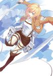  absurdres blade blonde_hair blue_eyes boots buckle christa_renz emblem highres jacket kumo_ryuun pants paradis_military_uniform shingeki_no_kyojin short_hair solo thigh_strap three-dimensional_maneuver_gear training_corps_(emblem) 