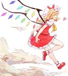  ankle_cuffs ascot bare_legs blonde_hair bow flandre_scarlet grin hair_bow hair_over_eyes hat heart highres landing lunaticprince open_mouth short_hair side_ponytail simple_background skirt skirt_set smile solo touhou white_background wings 