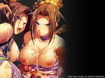  2girls angry areolae bare_shoulders blue_eyes blush breasts brown_hair censored cum cum_in_mouth cum_on_body cum_on_breasts cum_on_hair cum_on_upper_body diao_chan hair_ornament japanese_clothes large_breasts looking_at_viewer multiple_girls nipples no_bra open_mouth penis pink_eyes shin_sangoku_musou short_hair team-tanabe torn_clothes zhen_ji 