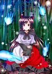  animal_ears bamboo bamboo_forest brooch brown_hair dress fingernails forest ghost highres hitodama imaizumi_kagerou jewelry long_fingernails long_hair long_sleeves myouga_teien nature red_eyes sitting solo touhou very_long_hair wide_sleeves wolf_ears 
