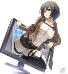  belt black_eyes black_hair boots breasts cleavage covered_nipples emblem highres jacket large_breasts looking_at_viewer mikasa_ackerman monitor namaniku_atk pants paradis_military_uniform pun scarf shingeki_no_kyojin short_hair simple_background solo three-dimensional_maneuver_gear through_screen tight tight_pants white_background 