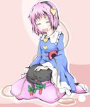  :d =_= blush bow cat cat_on_lap closed_eyes eyeball hairband heart kaenbyou_rin kaenbyou_rin_(cat) komeiji_satori kuroneko_(kuroi-neko) multiple_tails open_mouth petting pink_hair short_hair sitting smile tail tail_bow third_eye touhou wide_sleeves 