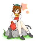  animal_ears bow brown_hair cat cat_ears cat_tail chen earrings hat jewelry kuroneko_(kuroi-neko) mouth_hold multiple_tails red_eyes short_hair sitting skirt solo star tail touhou 