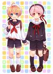  ahoge bag bandages blonde_hair blue_eyes blush fang full_body holding_hands male_focus multiple_boys original red_eyes ribbon sailor school_uniform shorts smile touya_(angelically) 