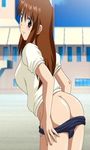  ass bent_over blush brown_eyes brown_hair buruma buruma_pull doi_shizuha gym_uniform leaning leaning_forward long_hair looking_at_viewer looking_back lowres pulled_by_self smile solo stratos_4 