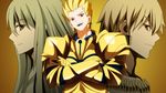  armor bad_id bad_pixiv_id blonde_hair enkidu_(fate/strange_fake) fate/extra fate/extra_ccc fate/strange_fake fate_(series) gilgamesh green_eyes green_hair hair_slicked_back jewelry long_hair magi_the_labyrinth_of_magic multiple_boys necklace parody red_eyes style_parody yakitori_(oni) 