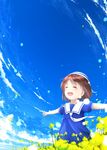  brown_hair child clannad closed_eyes cloud day dress hat highres minamito okazaki_ushio open_mouth outstretched_arms sailor_dress school_uniform short_hair sky spread_arms 