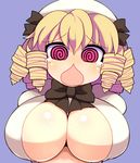  @_@ alternate_breast_size blonde_hair blue_background blush breasts chestnut_mouth drill_hair hat hospital_king large_breasts luna_child open_mouth red_eyes short_hair simple_background solo tears touhou 
