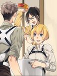  2boys armin_arlert black_hair blonde_hair blue_eyes brown_hair glasses hange_zoe jean_kirchstein ko-man multiple_boys ponytail shingeki_no_kyojin short_hair surstromming swedish translated 