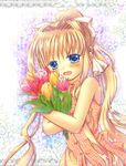 air blonde_hair blue_eyes bouquet casual flower hinokami_sakura kamio_misuzu long_hair ponytail solo 