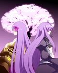  back-to-back bad_id bad_pixiv_id breasts cherry_blossoms claws fate/extra fate/extra_ccc fate_(series) hair_ribbon huge_breasts long_hair magi_the_labyrinth_of_magic meltlilith multiple_girls parody passion_lip purple_hair ribbon style_parody tree very_long_hair yakitori_(oni) 