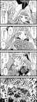  1girl 4koma blazblue blush bouquet comic dress embarrassed flower frills gii gloves gothic_lolita greyscale haiero hair_ribbon hand_on_another's_face highres jacket lolita_fashion long_hair looking_at_another monochrome nago open_mouth pointing rachel_alucard ragna_the_bloodedge ribbon rose smile translation_request twintails 