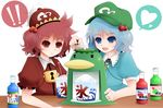  2girls :o arano_oki arm_rest blouse blue_eyes blue_hair bottle cup hair_bobbles hair_ornament hat heart kappa kawashiro_mitori kawashiro_nitori key lock multiple_girls open_mouth original puffy_short_sleeves puffy_sleeves red_eyes red_hair shaved_ice short_hair short_sleeves side_ponytail simple_background speech_bubble spoken_heart table touhou white_background 