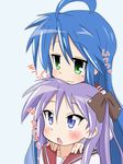  blue_eyes blue_hair closed_eyes green_eyes hands_on_another's_shoulders head_on_head hiiragi_kagami izumi_konata long_hair lucky_star mizushima_(p201112) mole mole_under_eye multiple_girls purple_hair ryouou_school_uniform school_uniform serafuku twintails 