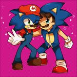  cosplay costume_switch crossover facial_hair gloves hat hood hoodie mario mario_(cosplay) mario_(series) multiple_boys mustache nintendo overalls sega smile sonic sonic_(cosplay) sonic_the_hedgehog super_mario_bros. v 