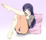  :o bad_id bad_pixiv_id barefoot black_hair blush feet gokou_ruri leg_up long_hair long_sleeves mole mole_under_eye nagamon ore_no_imouto_ga_konna_ni_kawaii_wake_ga_nai panties pillow purple_eyes ribbon school_uniform sitting skirt solo underwear 