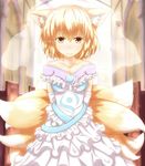  animal_ears bare_shoulders blonde_hair breasts bridal_veil chair church cross dress elbow_gloves fox_ears fox_tail gloves highres horokusa_(korai) medium_breasts multiple_tails short_hair smile solo tail touhou veil wedding_dress white_gloves yakumo_ran yellow_eyes 