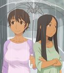  black_hair blue_eyes bracelet breasts brown_eyes brown_hair crossed_arms ebinera helen_(idolmaster) idolmaster idolmaster_cinderella_girls jewelry large_breasts long_hair multiple_girls necklace oikawa_shizuku rain shared_umbrella short_hair transparent transparent_umbrella umbrella 